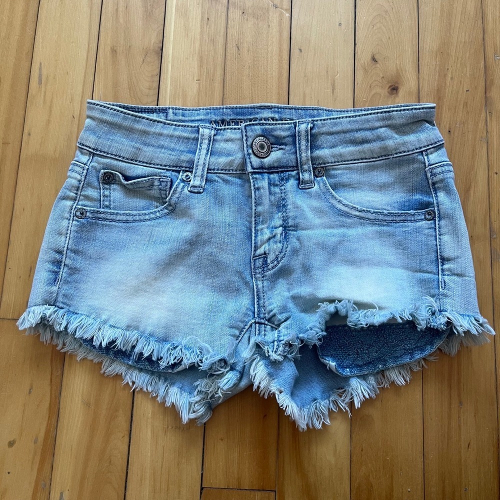 American Eagle Super Stretch Shortie Denim Cutoff Shorts Light Wash Lace Size 00